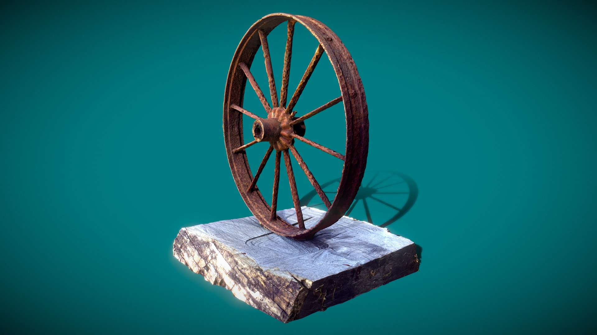 Rusty Antique Metal Wheel on wood Block - Buy Royalty Free 3D model by