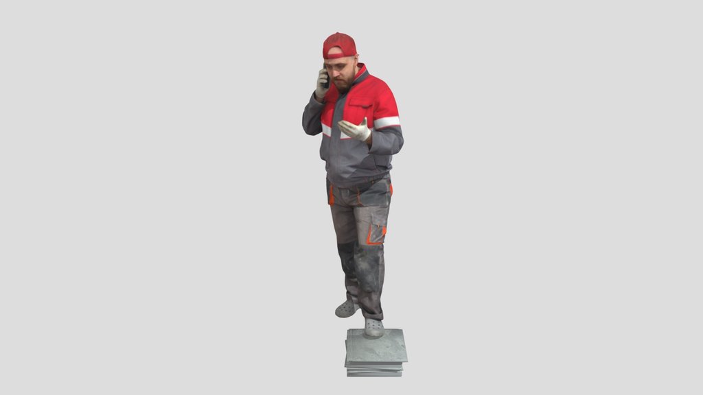 Bald Worker In Overalls Talking