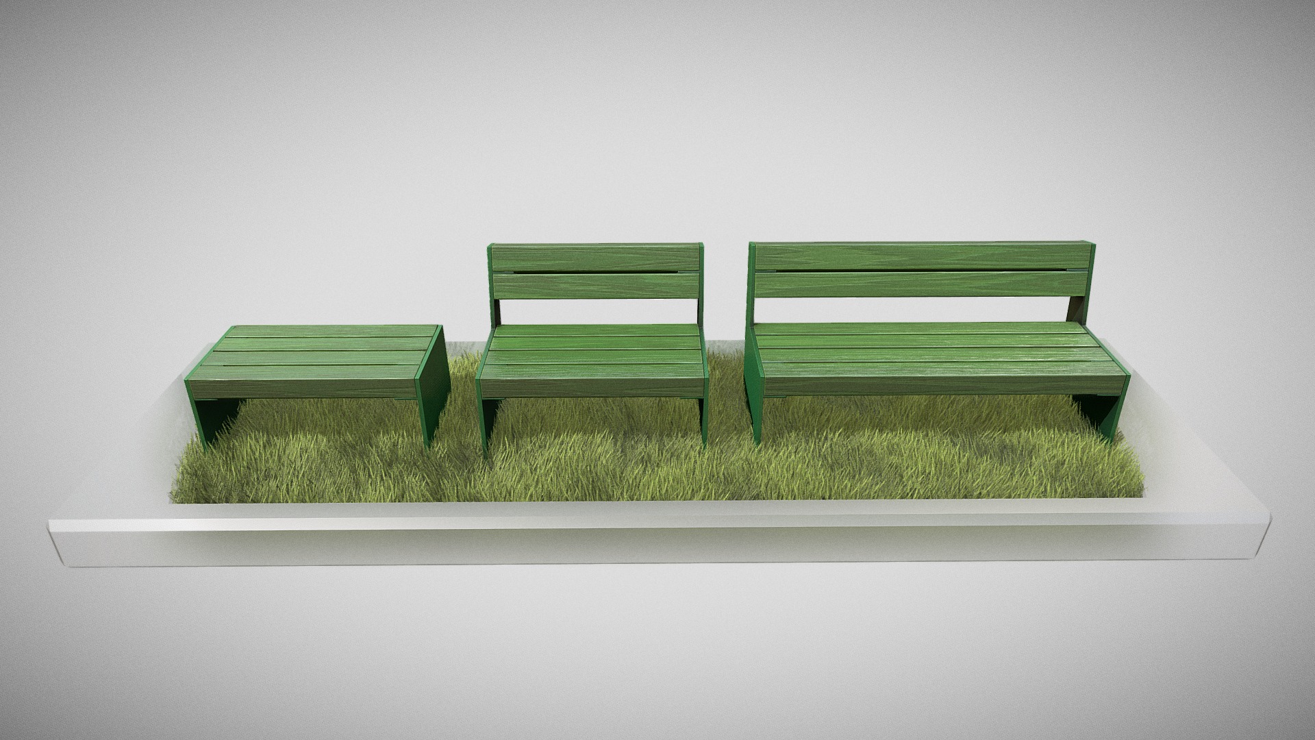 3D model Park Bench [8] Green Low-Poly Version - This is a 3D model of the Park Bench [8] Green Low-Poly Version. The 3D model is about a row of green benches.