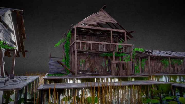 Abandon Wooden Swamp House Scene 3D Model