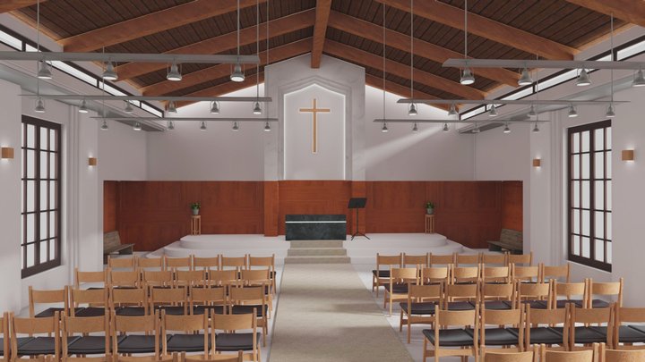 modern church interior with seats and pulpit 3D Model
