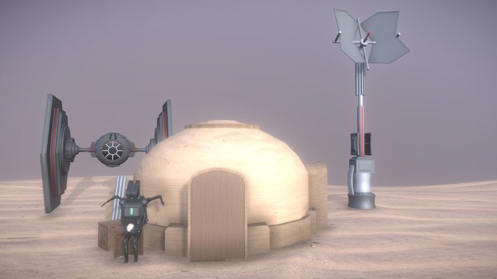 Tatooine with Robot and Tie-Fighter 3D Model