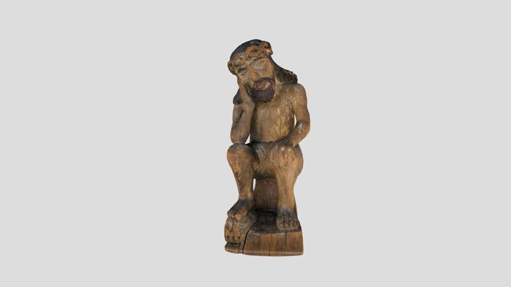 Figurka z drewna jezus siedzący na postumencie podpiera głowe jedną ręką