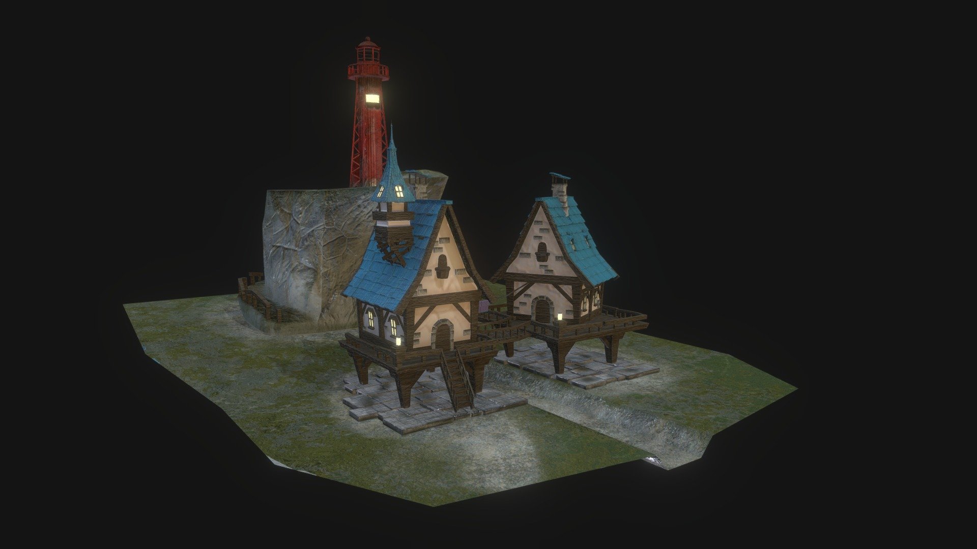 Two houses and a lighthouse — Sketchfab embed 3D viewer