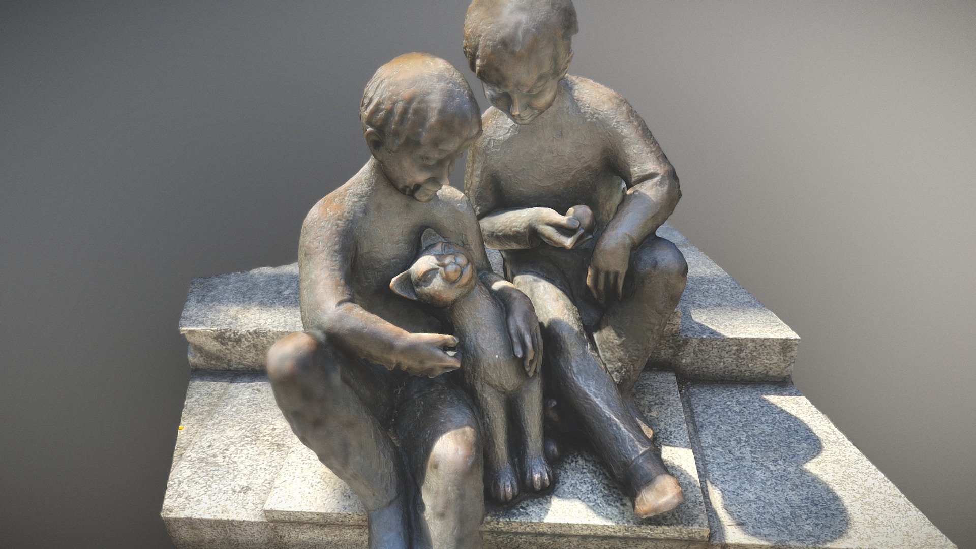 Bronze Skulptur von zwei Kindern und einer Katze