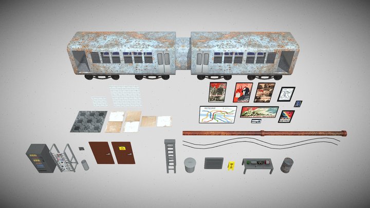 Low Poly PSX Style Soviet Subway - Metro Props 3D Model