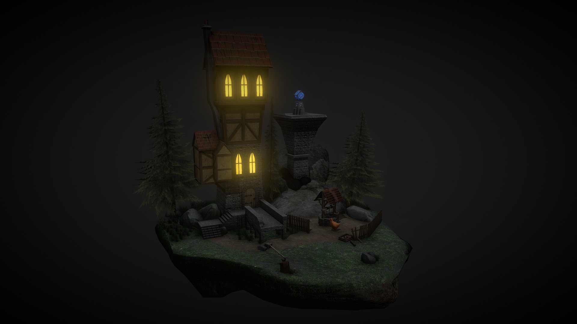 3D model Teeming Tower - This is a 3D model of the Teeming Tower. The 3D model is about a house with lights on at night.