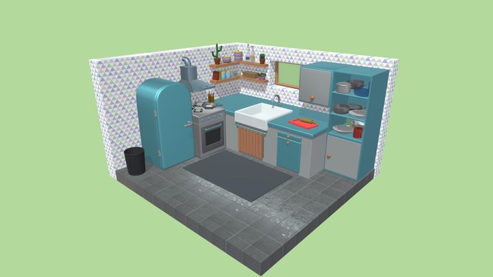 Cartoon-Style Minimalist Kitchen Scene 3D Model