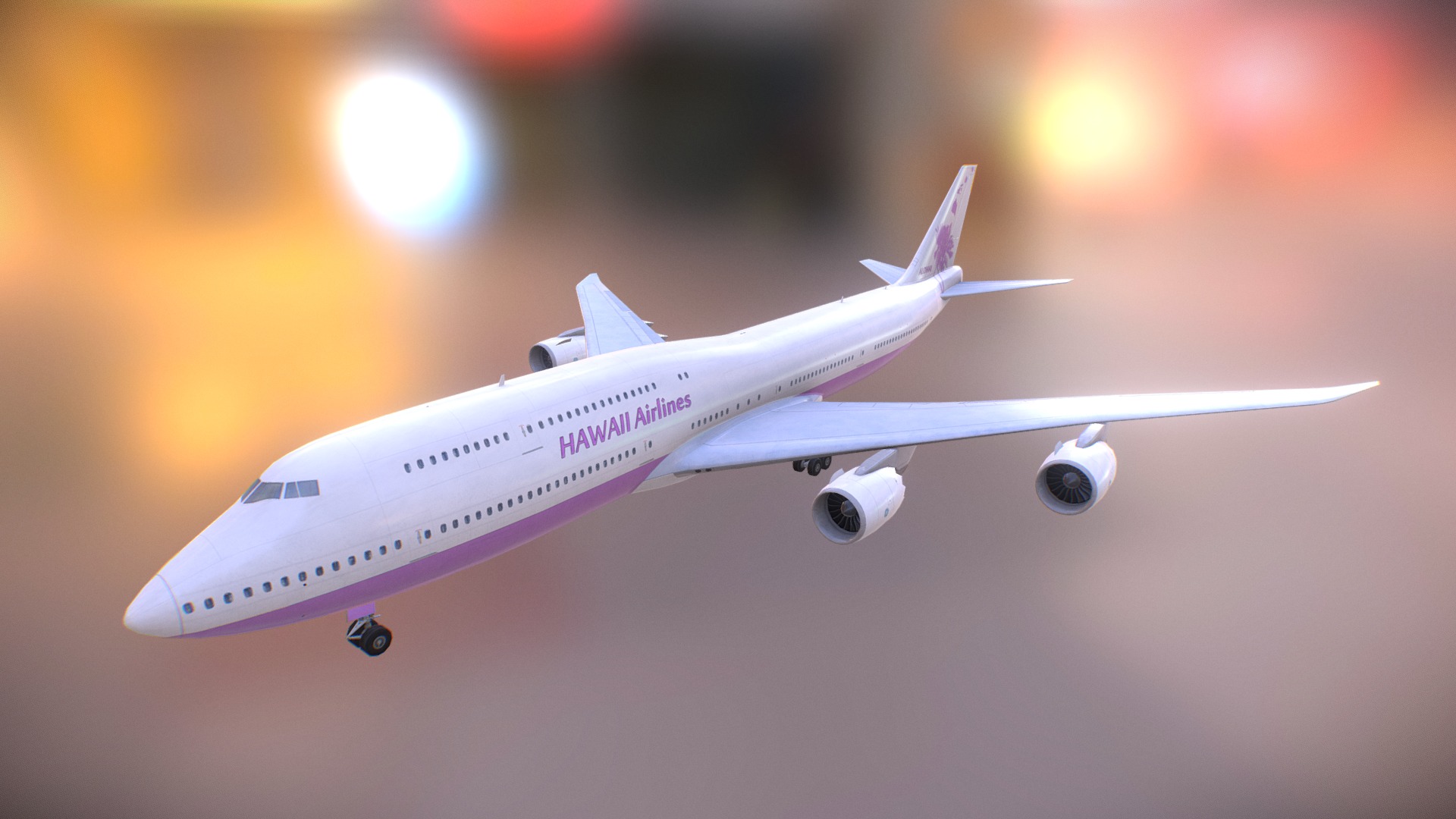 3D model B747-800 JumboJet with landing gear - This is a 3D model of the B747-800 JumboJet with landing gear. The 3D model is about a white airplane flying in the sky.