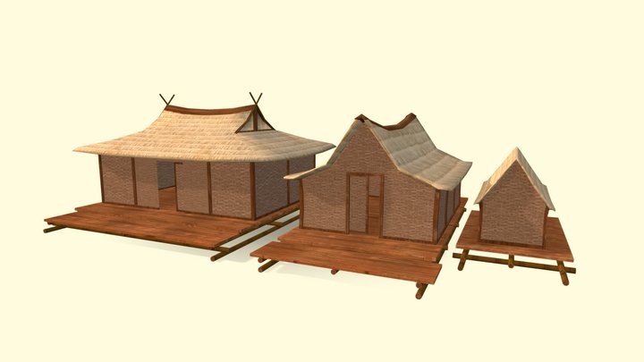 Low Poly Floating Villagers' Houses 3D Model
