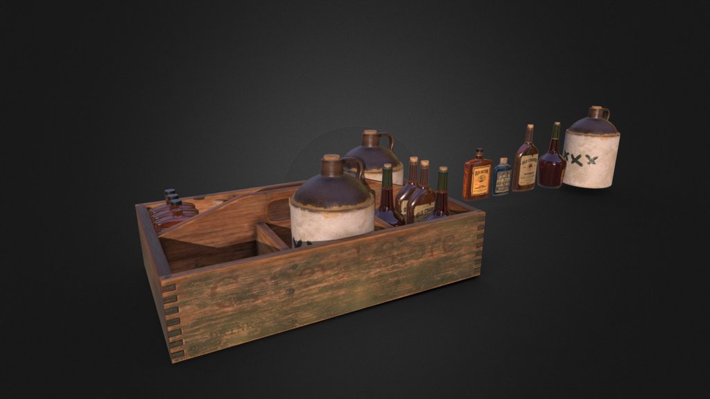 Wooden box with bottles.