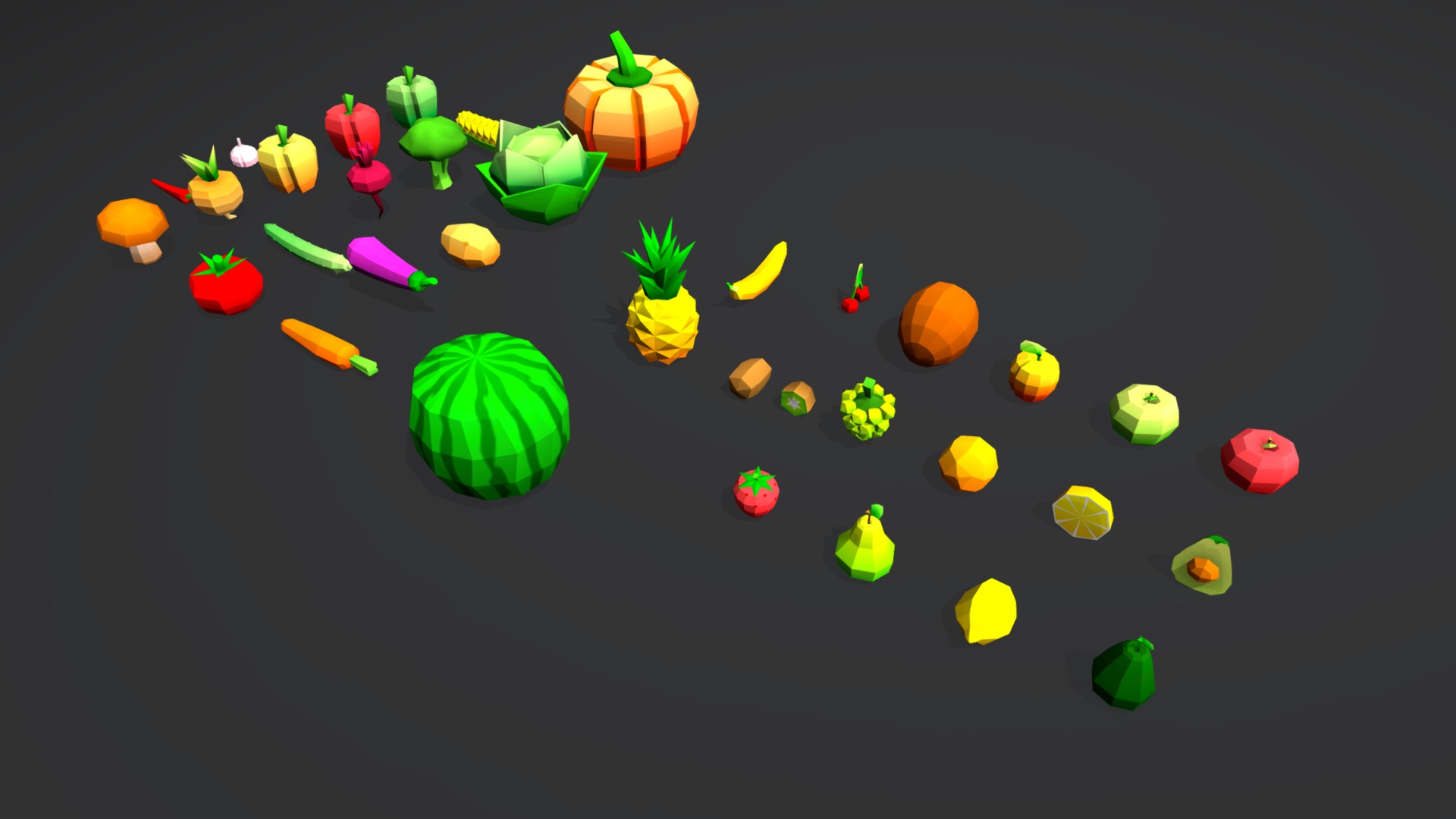 3D model Low Poly Collection – Fruits & Vegetables - This is a 3D model of the Low Poly Collection - Fruits & Vegetables. The 3D model is about a group of colorful objects.