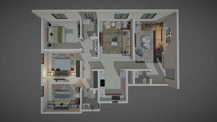 H-002_ZONE_1_3 Bed Apartment G.F 3D Model