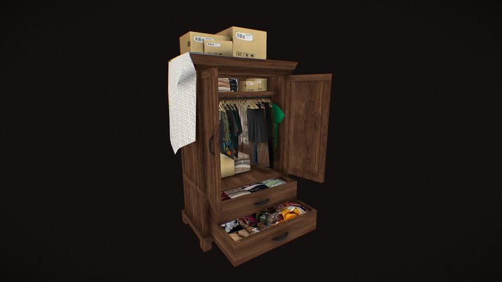 Low-Poly PSX Style Wardrobe with Clothes 3D Model