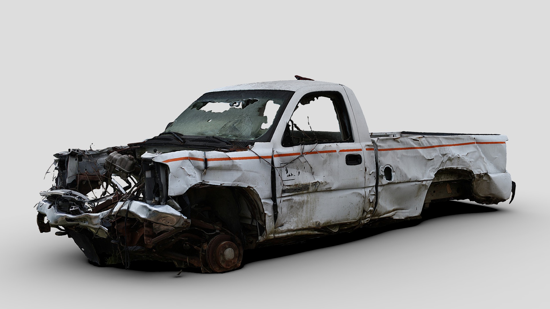 3D model Wrecked Work Truck (Raw Scan) - This is a 3D model of the Wrecked Work Truck (Raw Scan). The 3D model is about a wrecked car on a white background.