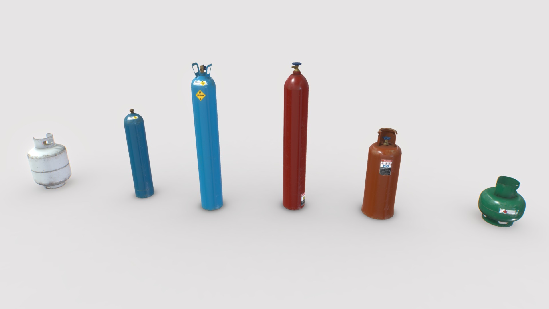 3D model Industrial Gas Cylinders Pack 1 - This is a 3D model of the Industrial Gas Cylinders Pack 1. The 3D model is about a group of different colored bottles.