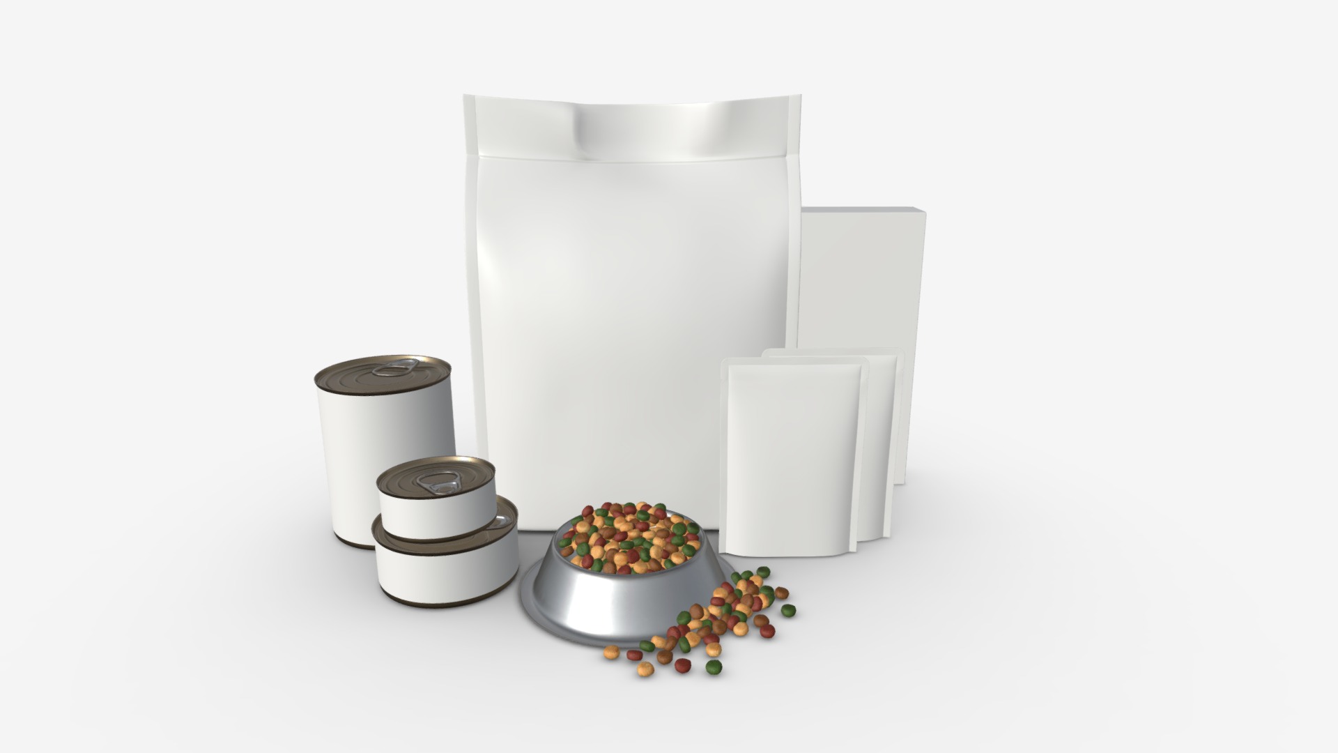 3D model pet food package set - This is a 3D model of the pet food package set. The 3D model is about a white box with a white box and a white box with a white lid and a silver box.
