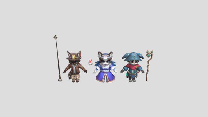 Cat Characters – Explorer, Water Mage & Priest 3D Model