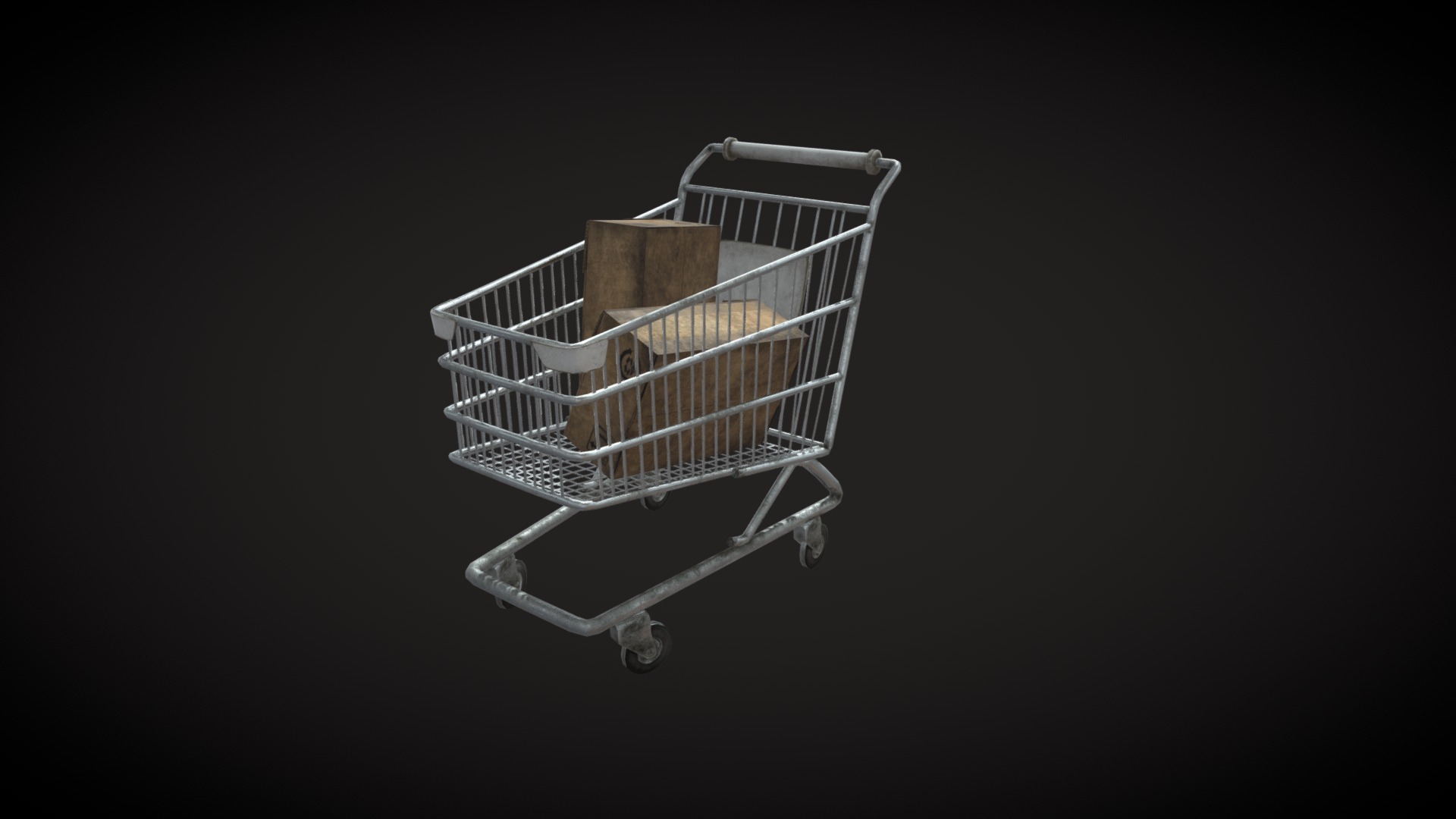 3D model Shopping trolley &  Cardboard box - This is a 3D model of the Shopping trolley &  Cardboard box. The 3D model is about a shopping cart with a basket.