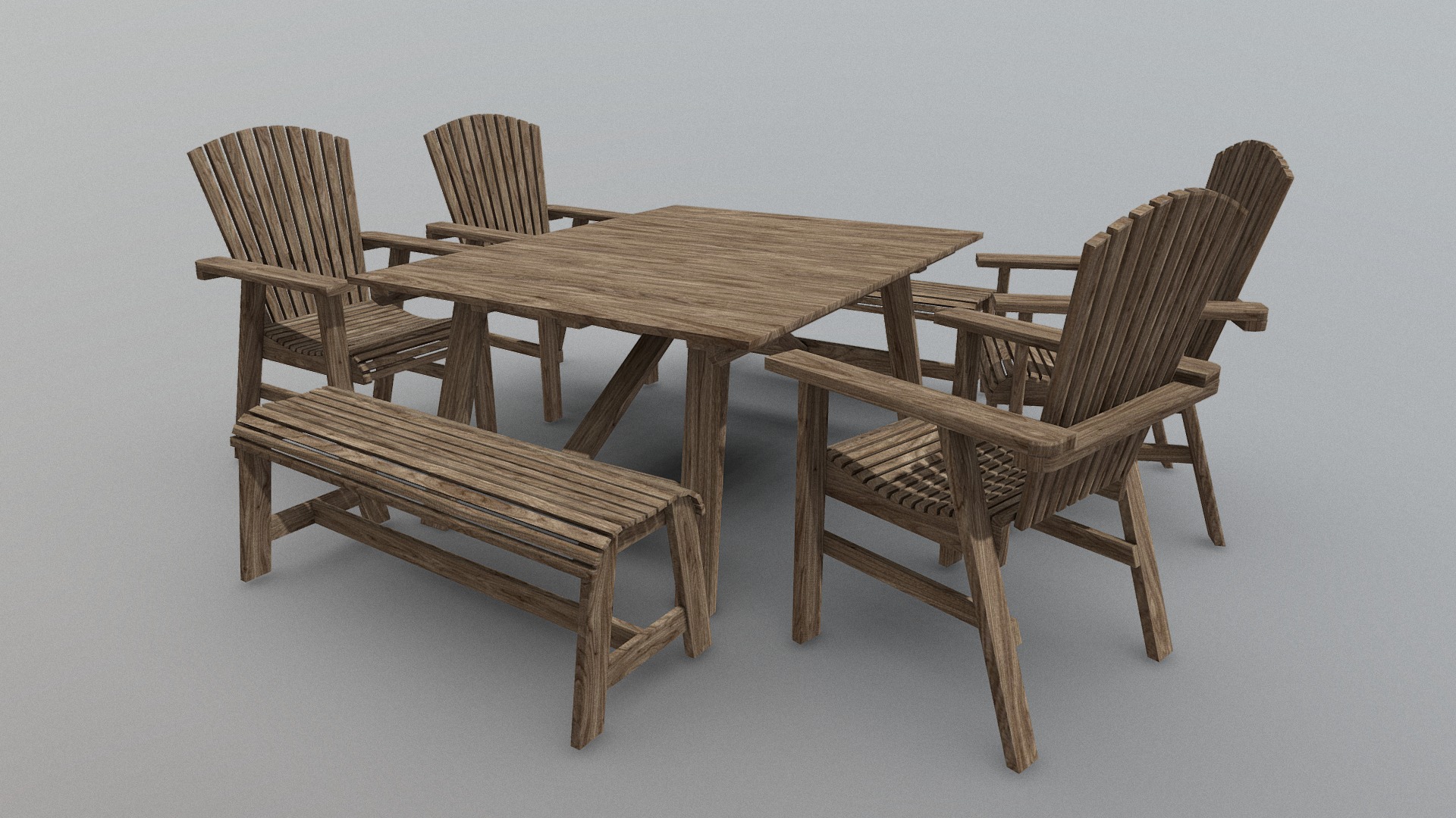3D model Rustic Wooden Table Set (Low Poly) - This is a 3D model of the Rustic Wooden Table Set (Low Poly). The 3D model is about a table and chairs.