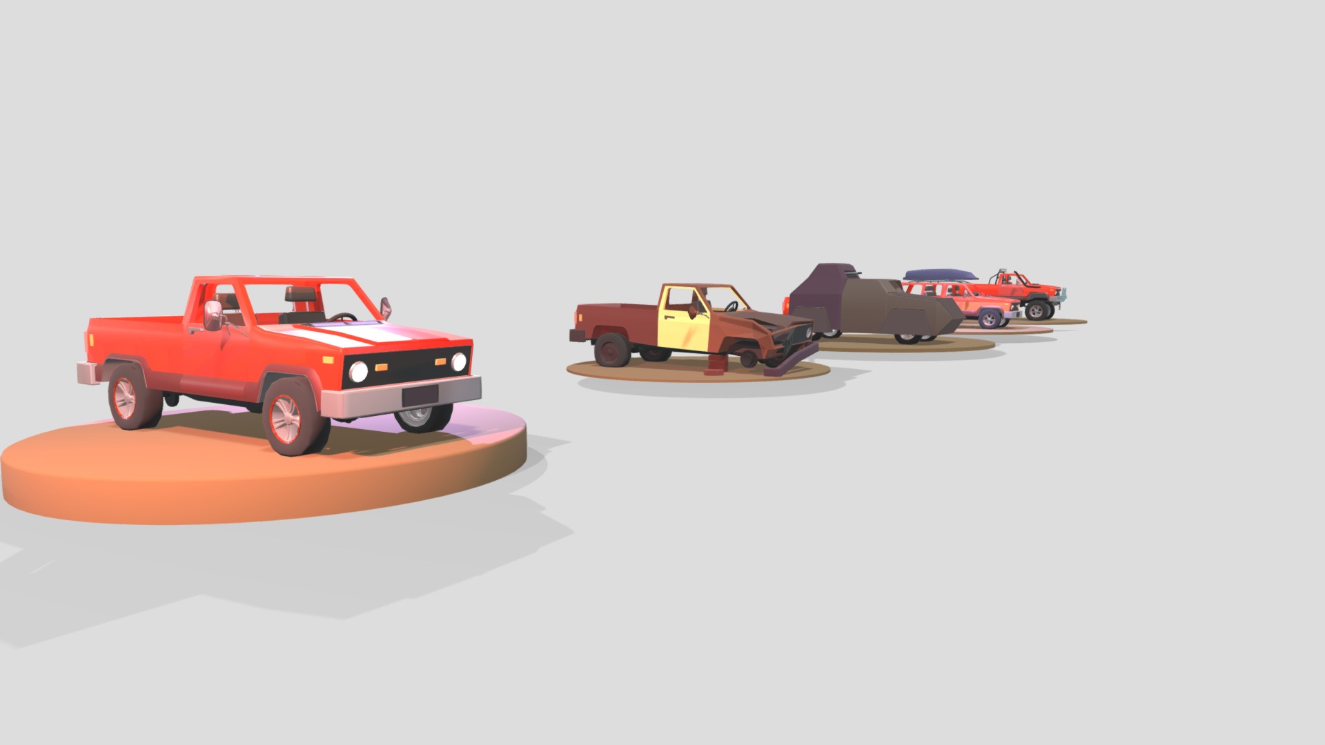 3D model 5 Versions Of A Car - This is a 3D model of the 5 Versions Of A Car. The 3D model is about a group of toy cars.