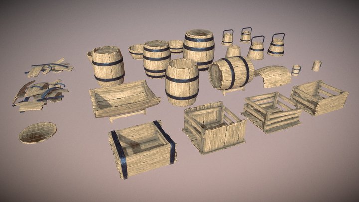 Wooden props: barrels, boxes, buckets and tubes 3D Model