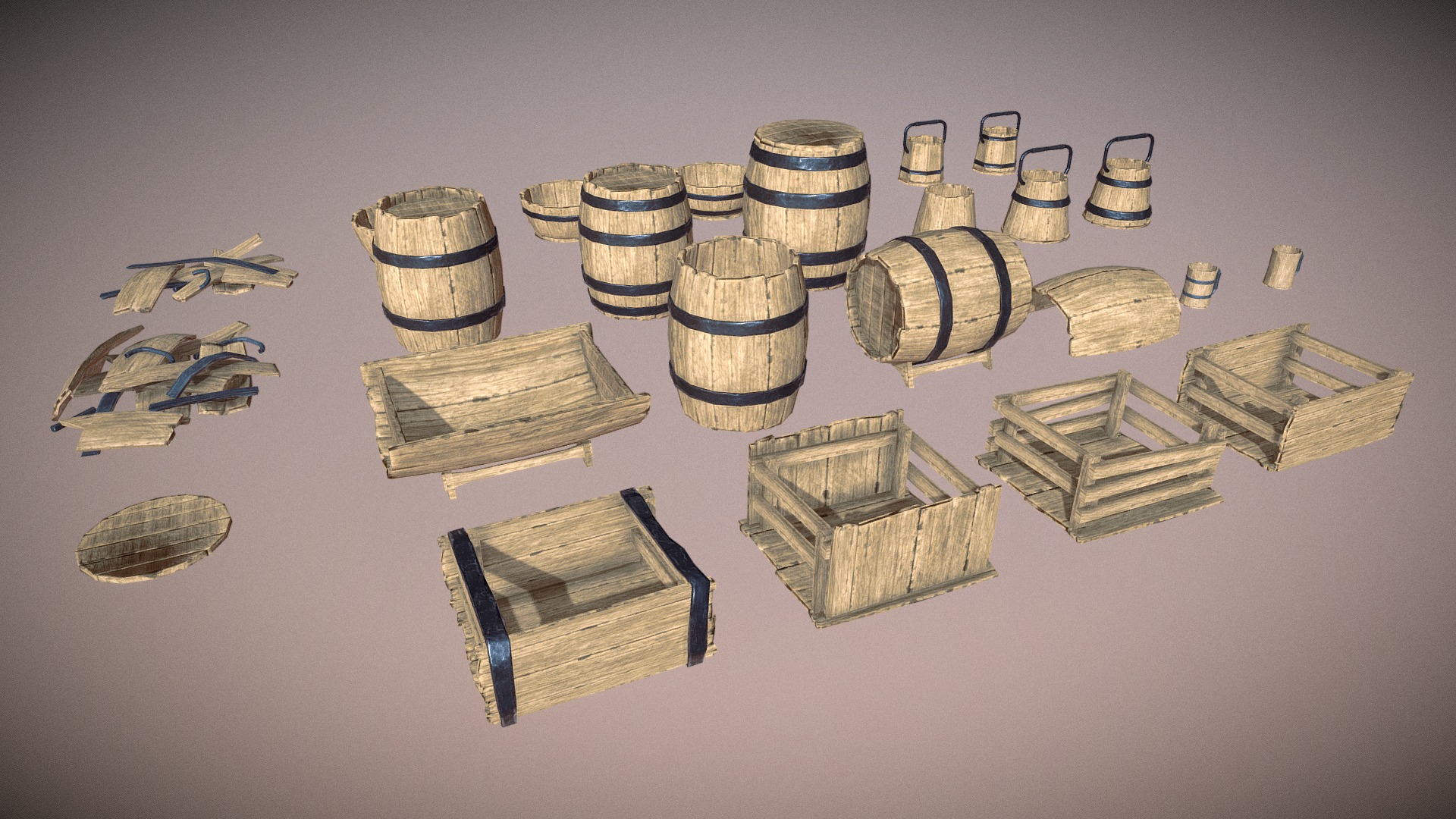3D model Wooden props: barrels, boxes, buckets and tubes - This is a 3D model of the Wooden props: barrels, boxes, buckets and tubes. The 3D model is about a group of metal objects.