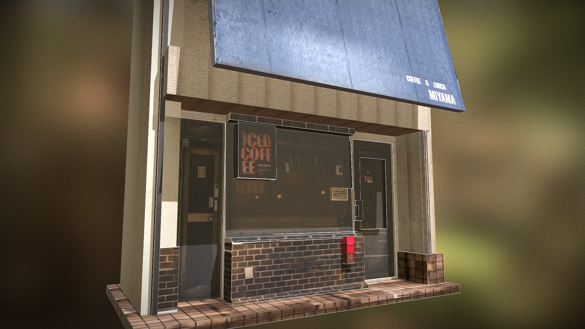 3D model Coffee and lunch japanese shop - This is a 3D model of the Coffee and lunch japanese shop. The 3D model is about a rectangular metal box with a sign on it.