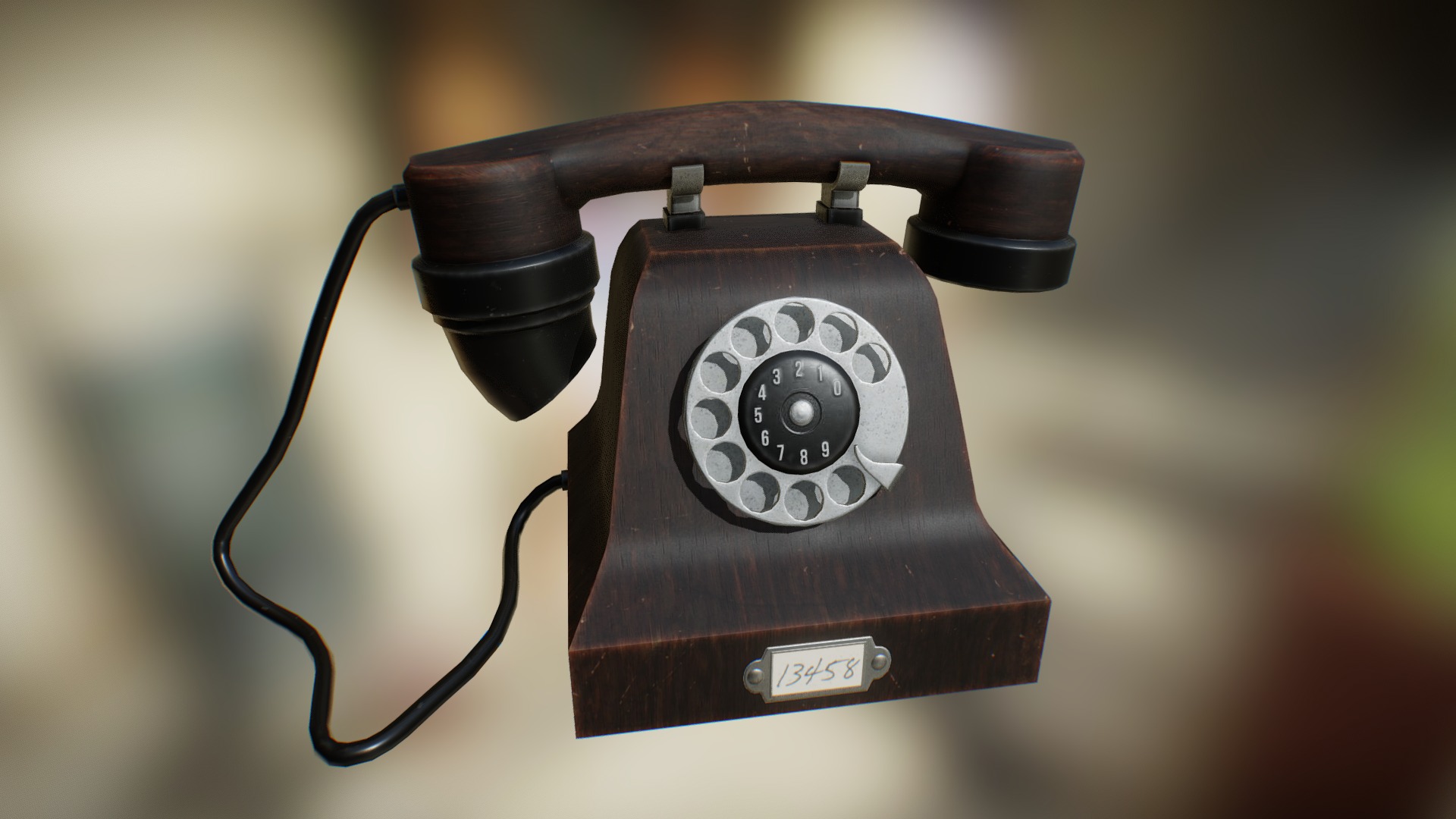 3D model 1940s Rotary Phone (wood). - This is a 3D model of the 1940s Rotary Phone (wood).. The 3D model is about a black and silver telephone.