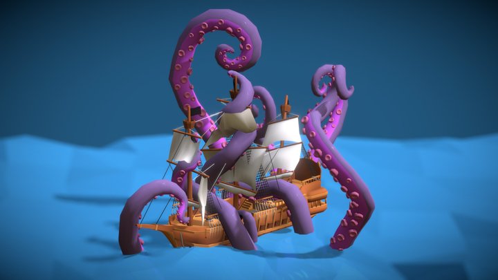 A Galleon attacked by a Kraken 3D Model