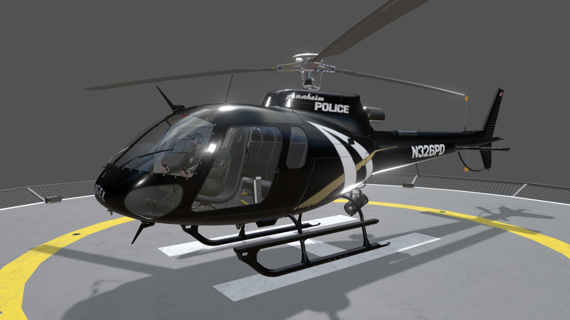 3D model AS-350 Anaheim Police Animated - This is a 3D model of the AS-350 Anaheim Police Animated. The 3D model is about a helicopter on a runway.