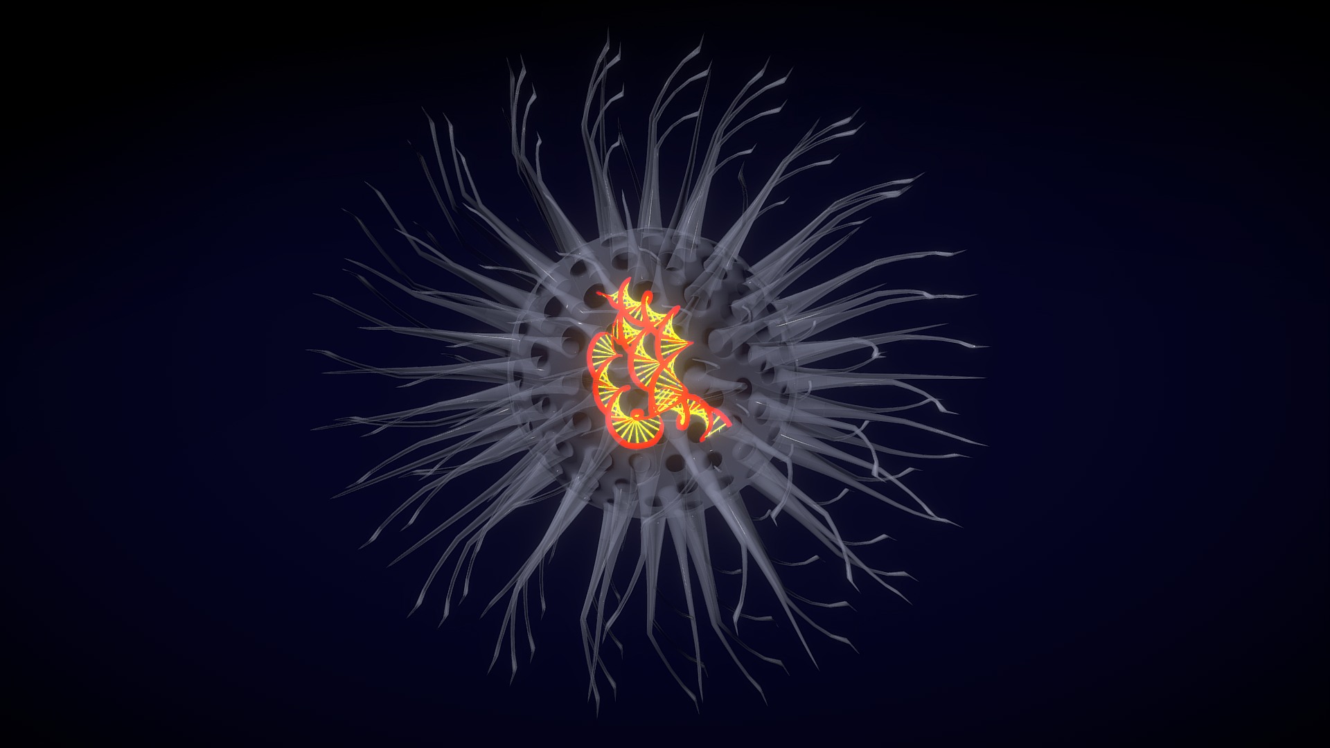 3D model Virus With DNA helix and labelling - This is a 3D model of the Virus With DNA helix and labelling. The 3D model is about a white and orange fireworks display.