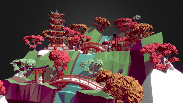 Japan Temple Landscape - Low Polys 3D Model