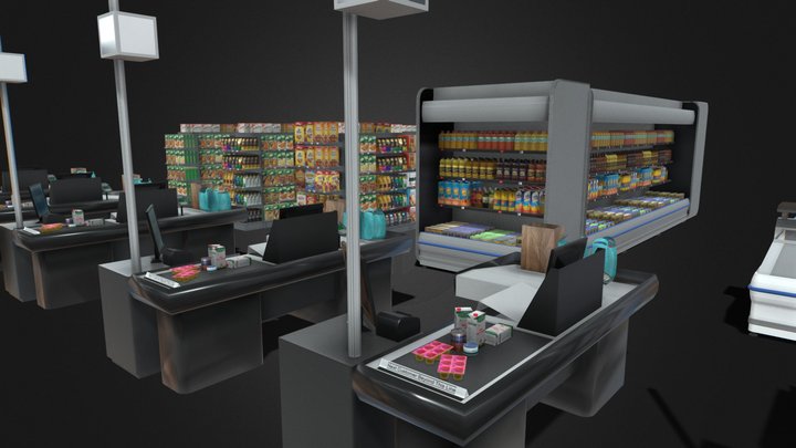 Supermarket shelves checkout fridges freezers 3D Model