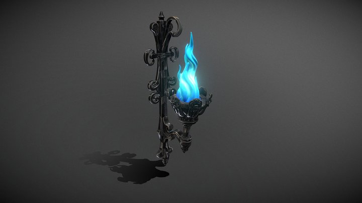 Stylized Gothic Wall Torch - Blue Magic Flame