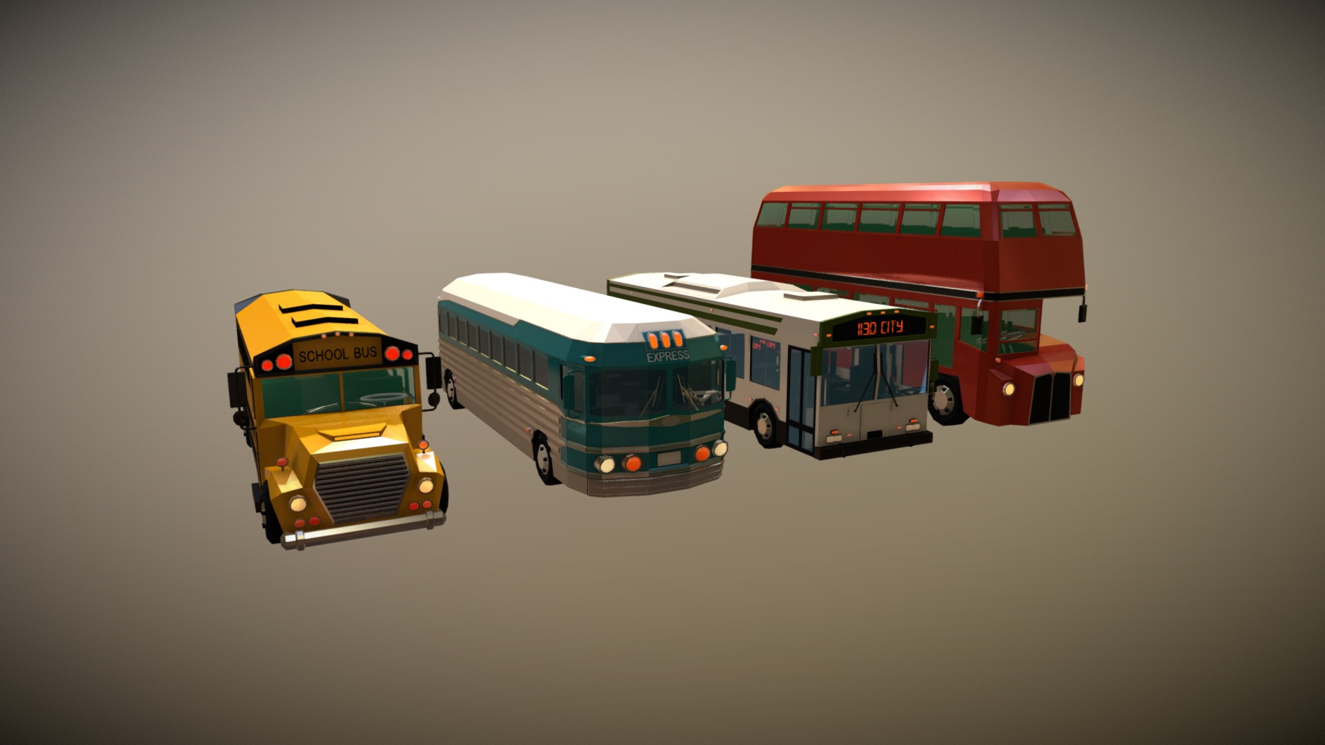 3D model Low Poly Bus Pack - This is a 3D model of the Low Poly Bus Pack. The 3D model is about a group of buses.