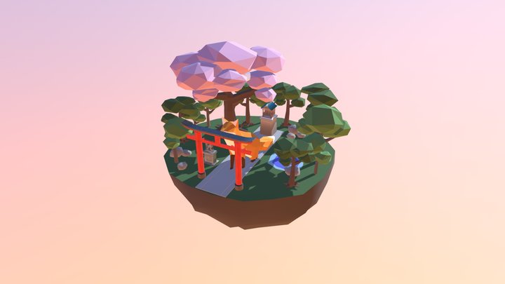 Japanese Shrine and Giant Fox 3D Model