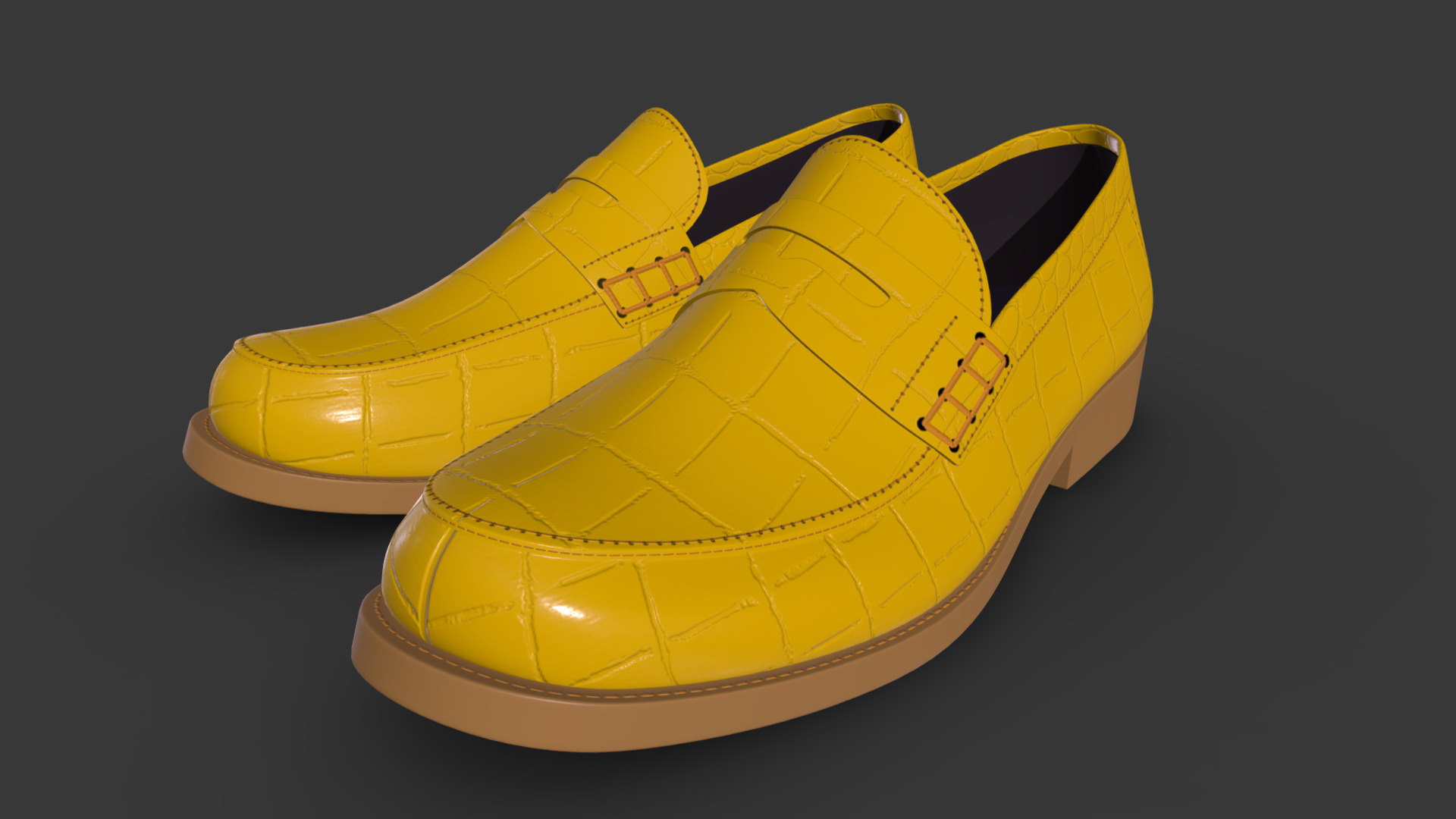 3D model Yellow Leather Loafers Funky Shoes - This is a 3D model of the Yellow Leather Loafers Funky Shoes. The 3D model is about a yellow and black shoe.