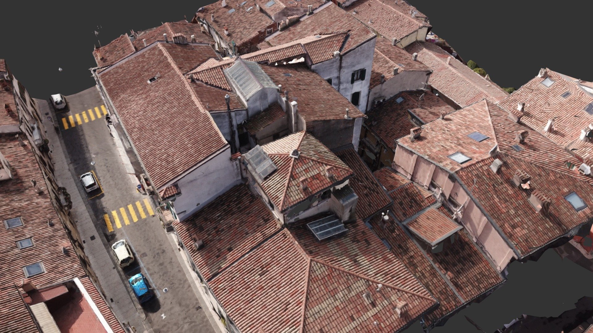 Modello 3D di un tetto in centro urbano