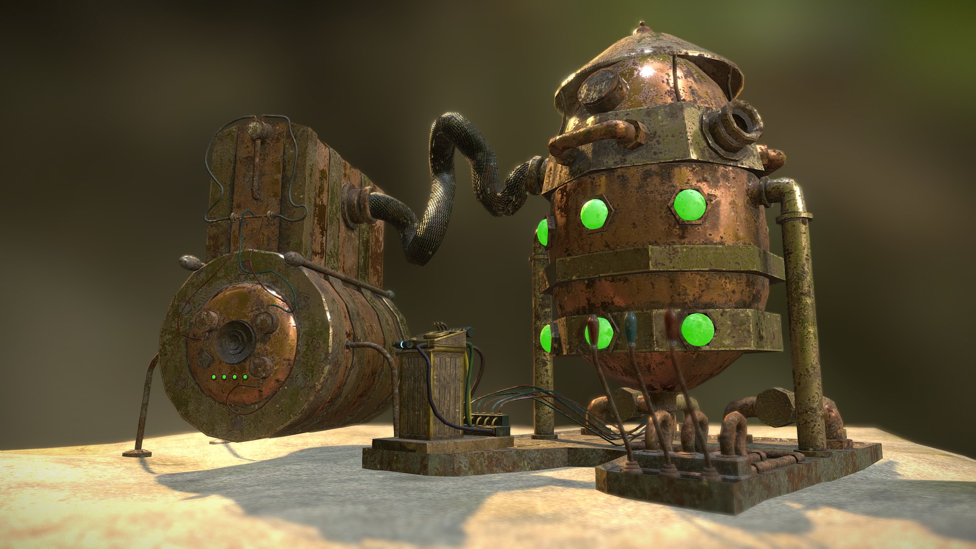 3D model [Animation] Steampunk Brutal Machine - This is a 3D model of the [Animation] Steampunk Brutal Machine. The 3D model is about a couple of metal objects with green lights on them.