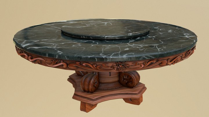 Ornamental Wooden Dining Table with Marble Top 3D Model
