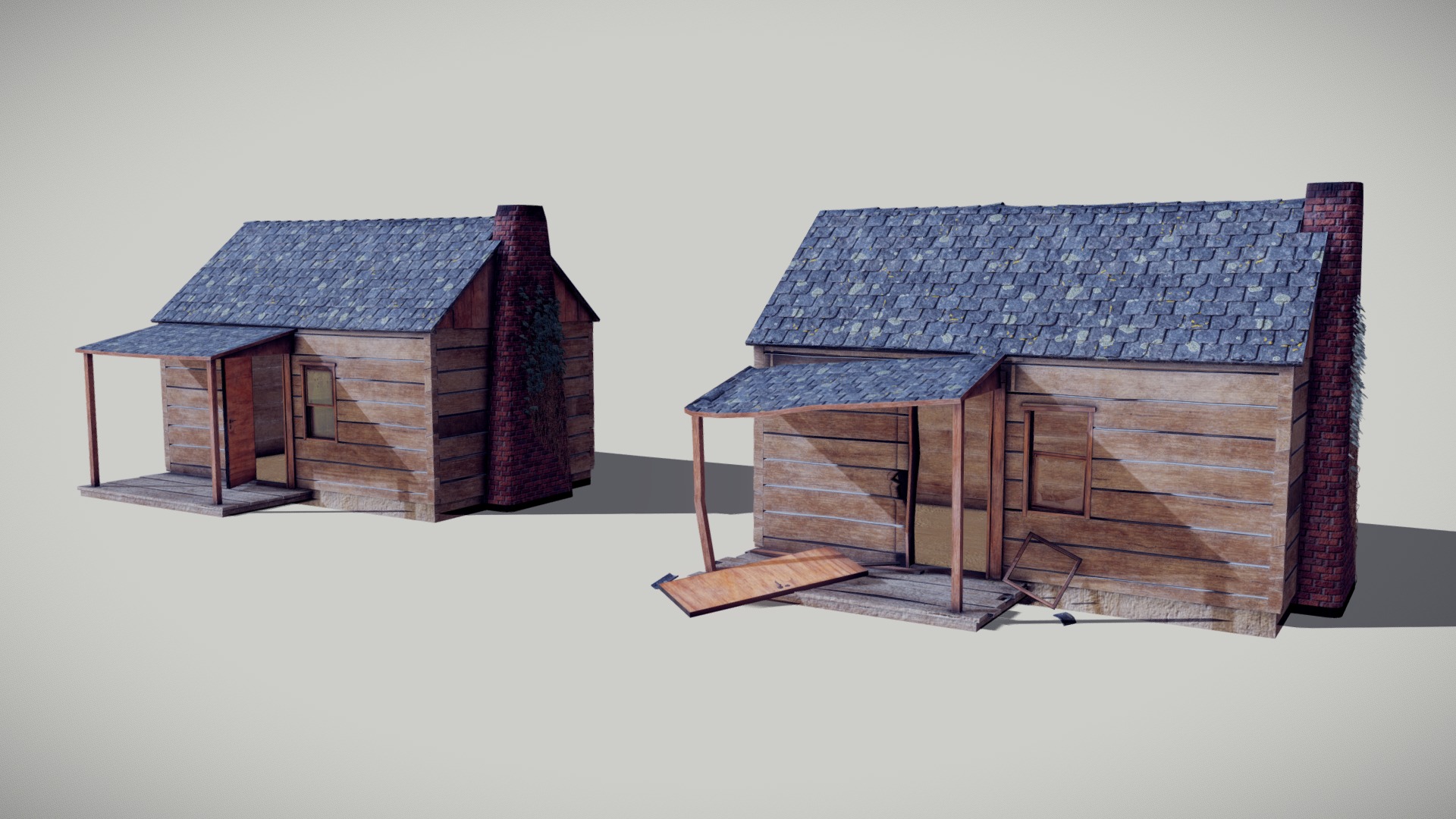 3D model Log Cabin + Ruined Version - This is a 3D model of the Log Cabin + Ruined Version. The 3D model is about a model of a house.