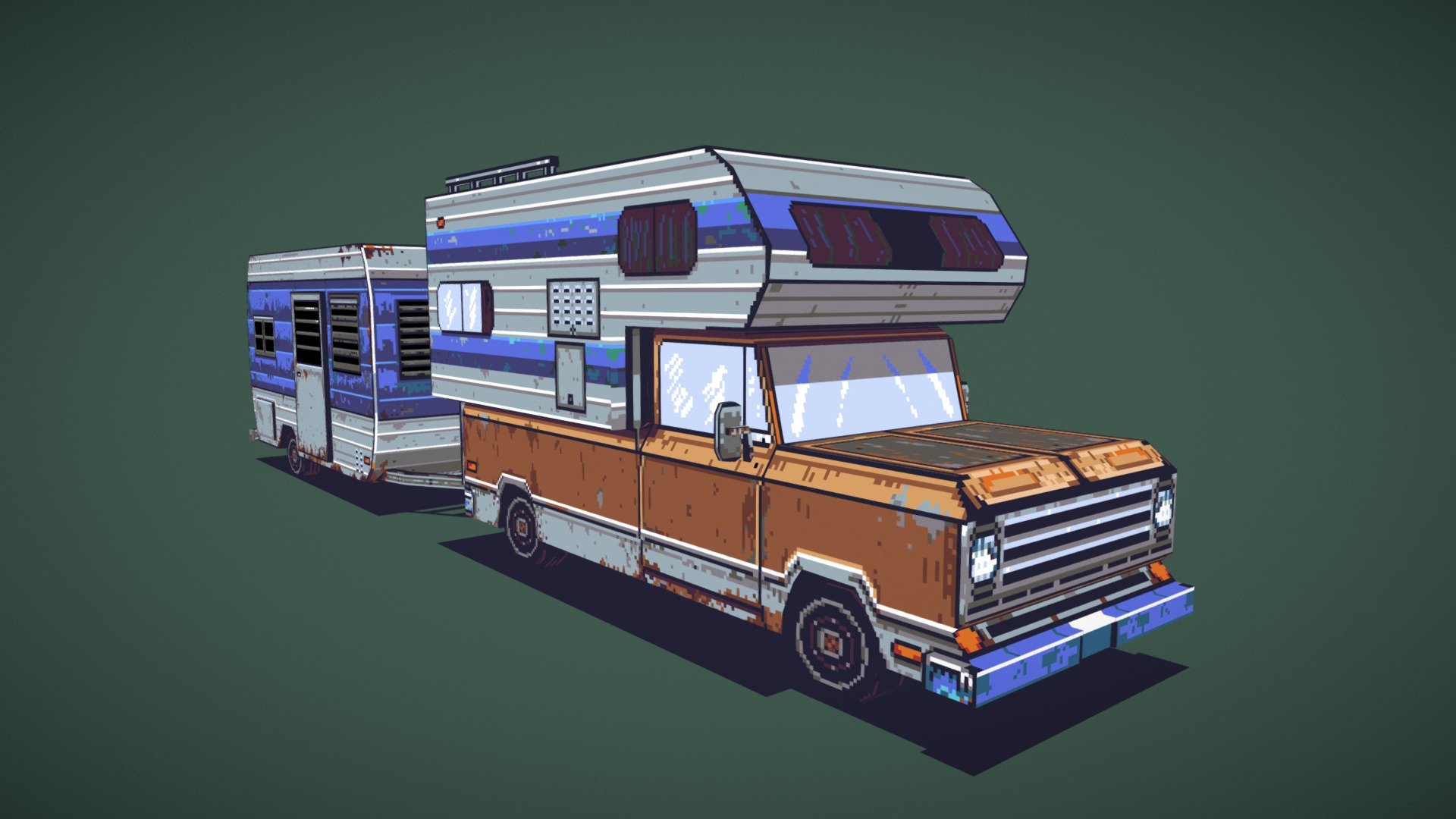 3D Pixel Art Camper PickUp with trailer