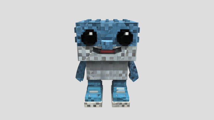 Blue blocky cartoon character with large eyes 3D Model