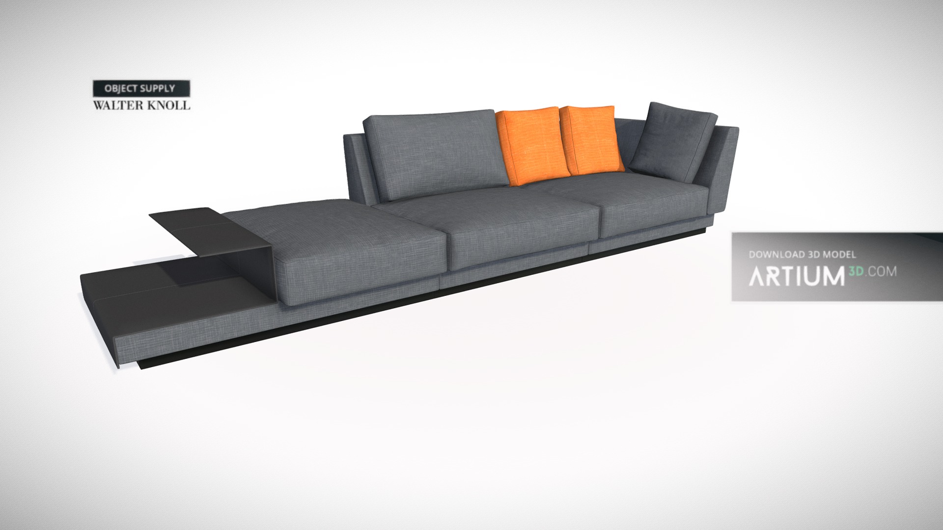 3D model Sofa Grand Suite – Walter Knoll – Design by EOOS - This is a 3D model of the Sofa Grand Suite - Walter Knoll - Design by EOOS. The 3D model is about a black couch with orange pillows.