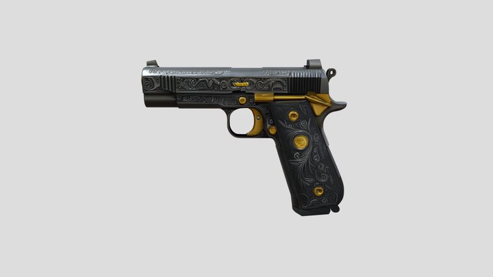 Black Handgun with Gold Details 3D Model