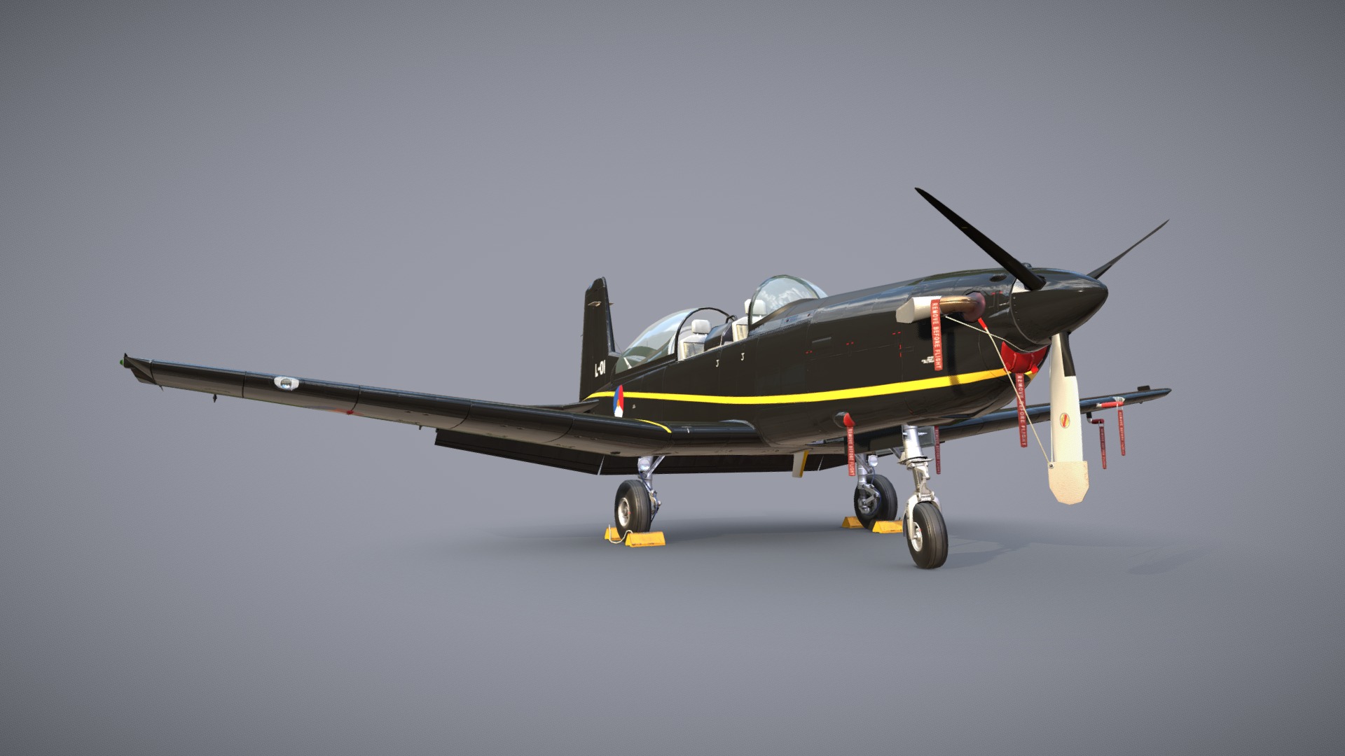 3D model Pilatus PC-7 Mk-I HLBlack - This is a 3D model of the Pilatus PC-7 Mk-I HLBlack. The 3D model is about a small airplane flying.