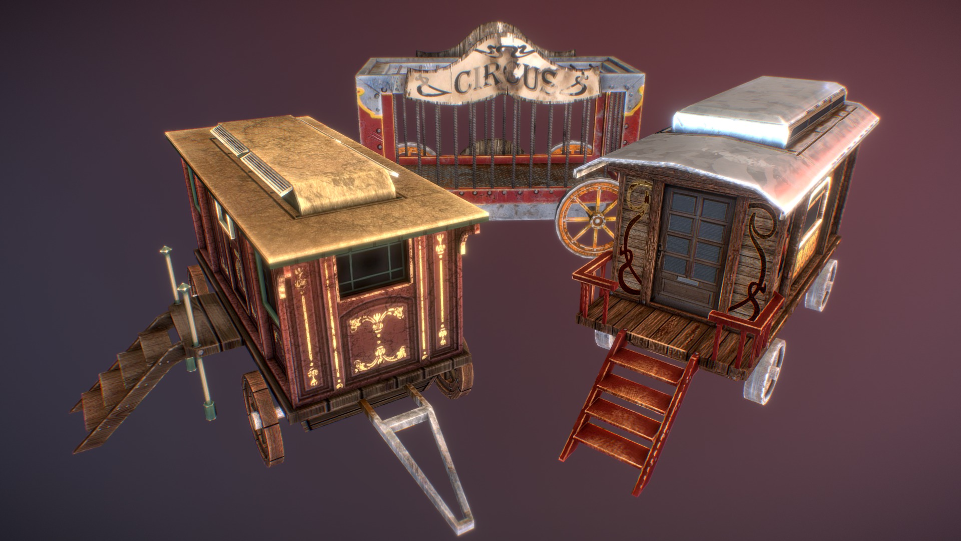 3D model Horror circus vagons - This is a 3D model of the Horror circus vagons. The 3D model is about a couple of wooden toy trains.