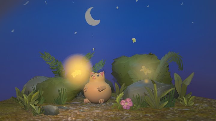 Cat with fireflies 3D Model