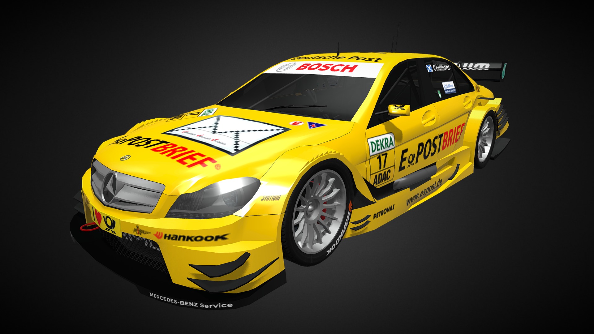 3D model AMG-Mercedes Clase C DTM 2011 – David Coulthard - This is a 3D model of the AMG-Mercedes Clase C DTM 2011 - David Coulthard. The 3D model is about a yellow race car.